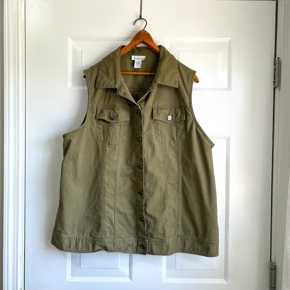 Avenue Plus Size Army Green Button Up Denim Vest Plus Size 18/20